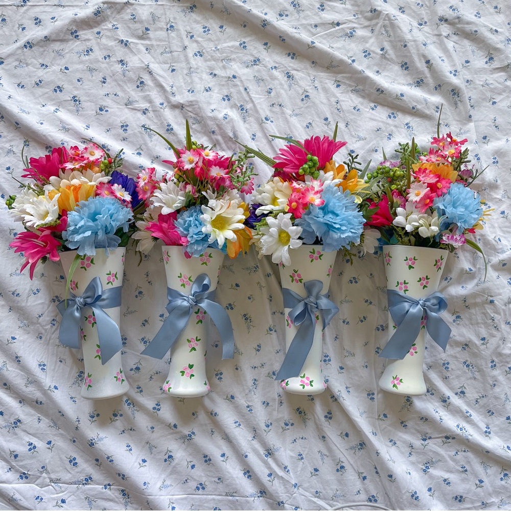 (4) Floral Vases with Colorful Faux Flowers